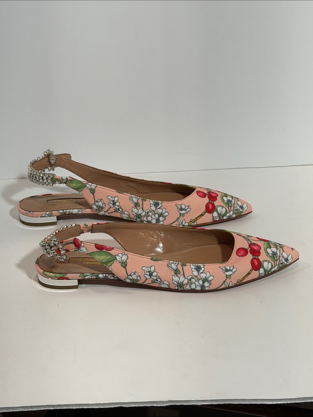 Aquazzura Vero Cuoio Cherry Print Crystal Slingback Ballerina Flats - Picture 6 of 6